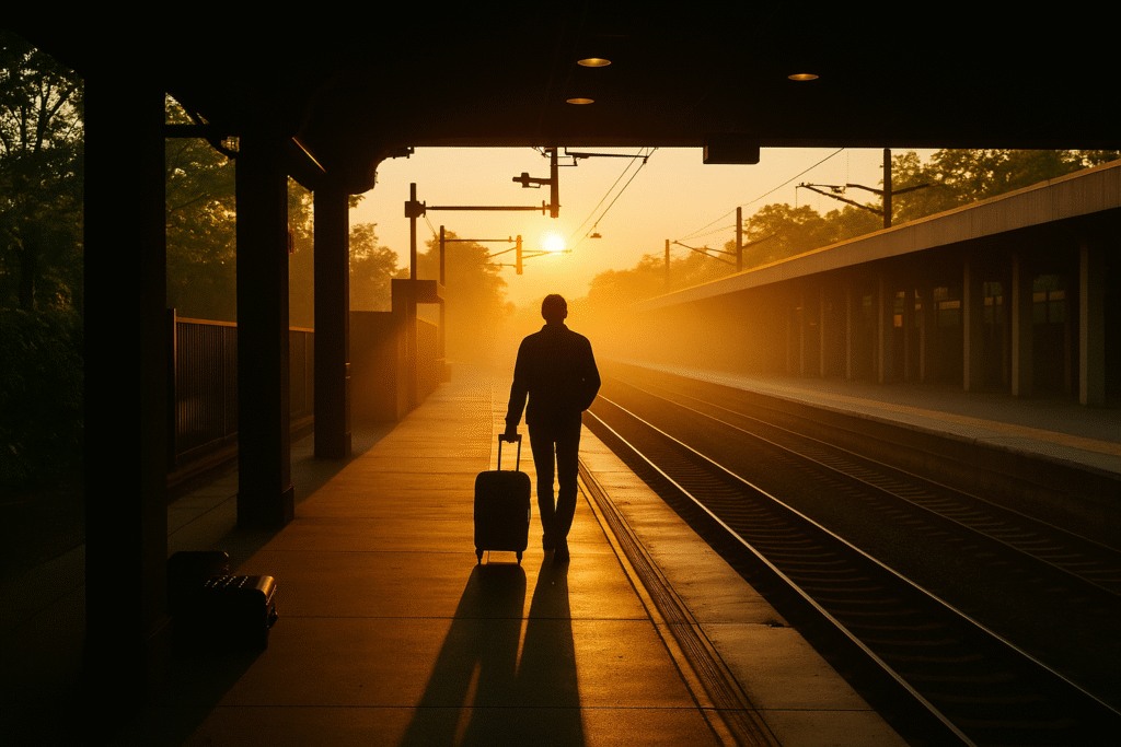 Silhouette of a man walking along a train platform on an early summer morning in a quiet train station. The scene exudes melancholy.