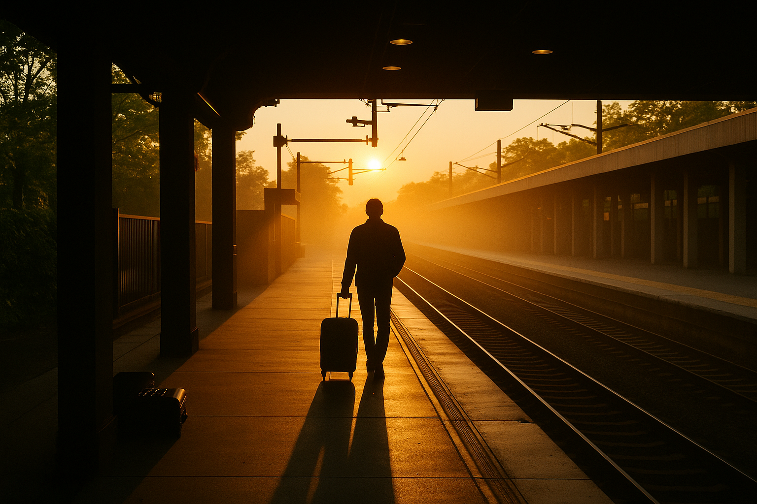 Silhouette of a man walking along a train platform on an early summer morning in a quiet train station. The scene exudes melancholy.